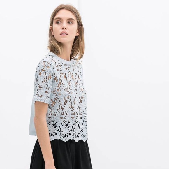 Zara Blue Crochet Cropped Top T-shirt - Picture 3 of 8